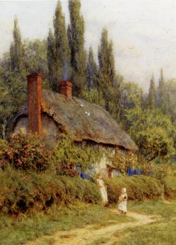 海倫 瑪麗 伊麗莎白 阿林厄姆 Children On A Path Outside A Thatched Cottage, West Horsley, Surrey